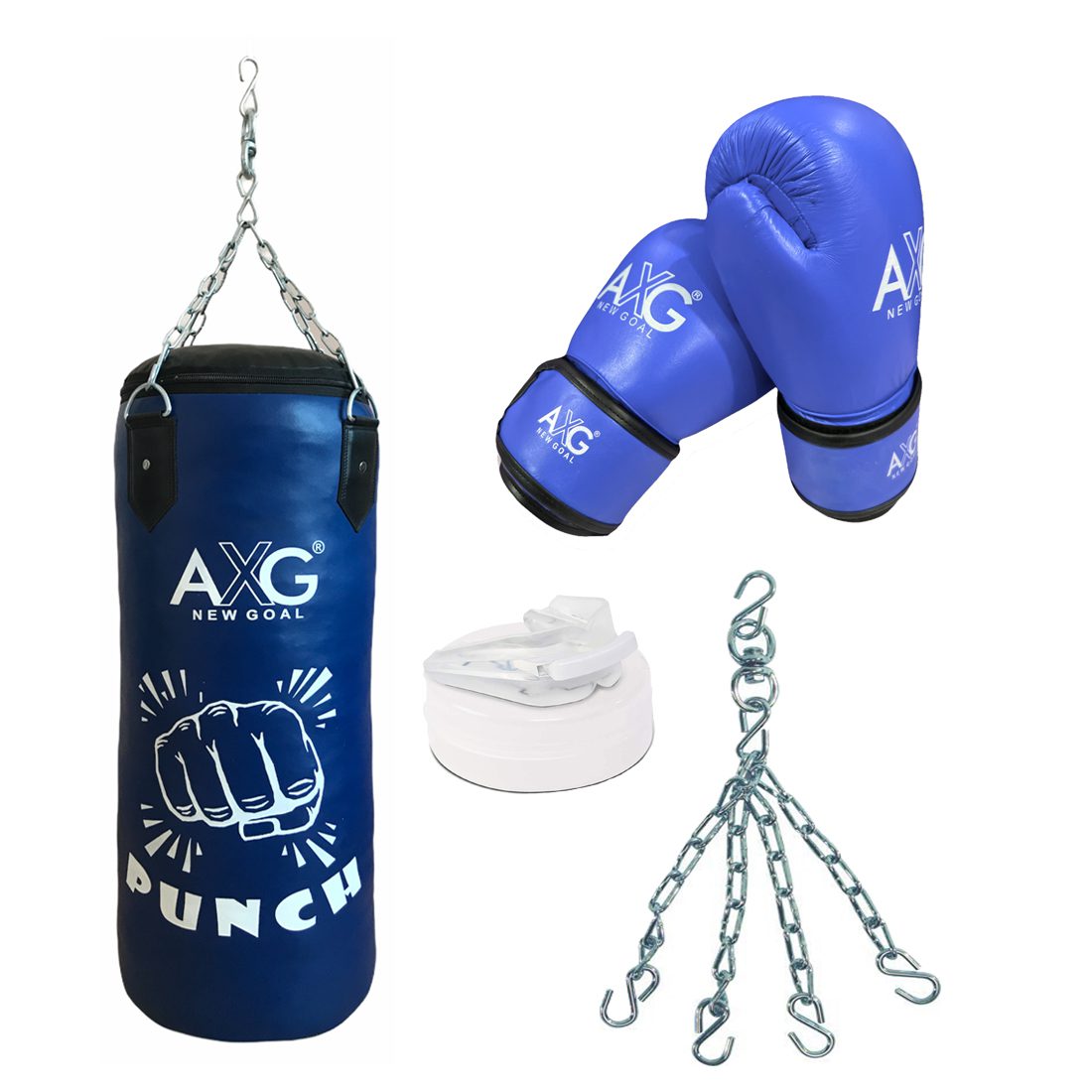 alt="AXG New Goal Boxing PU Punching Bag with Chain, Mouth Guard & Pure Leather Gloves"