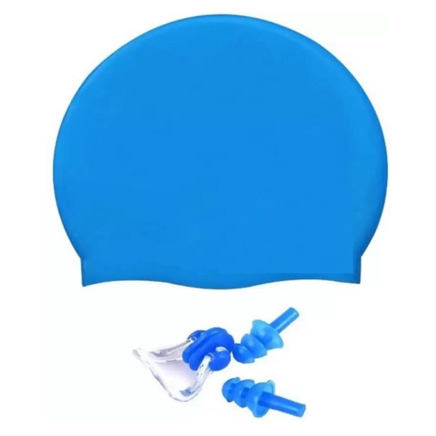 alt="AXG New Goal Swimming Cap & Ear & Nose Plug Combo Blue"